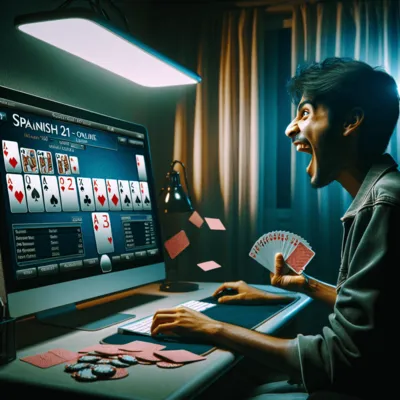 Online Spanish 21 casino game interface with cards and chips